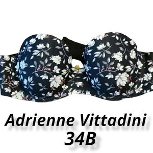 Adrienne Vittadini Strapless Padded Lift Bra 34B Black Floral EUC